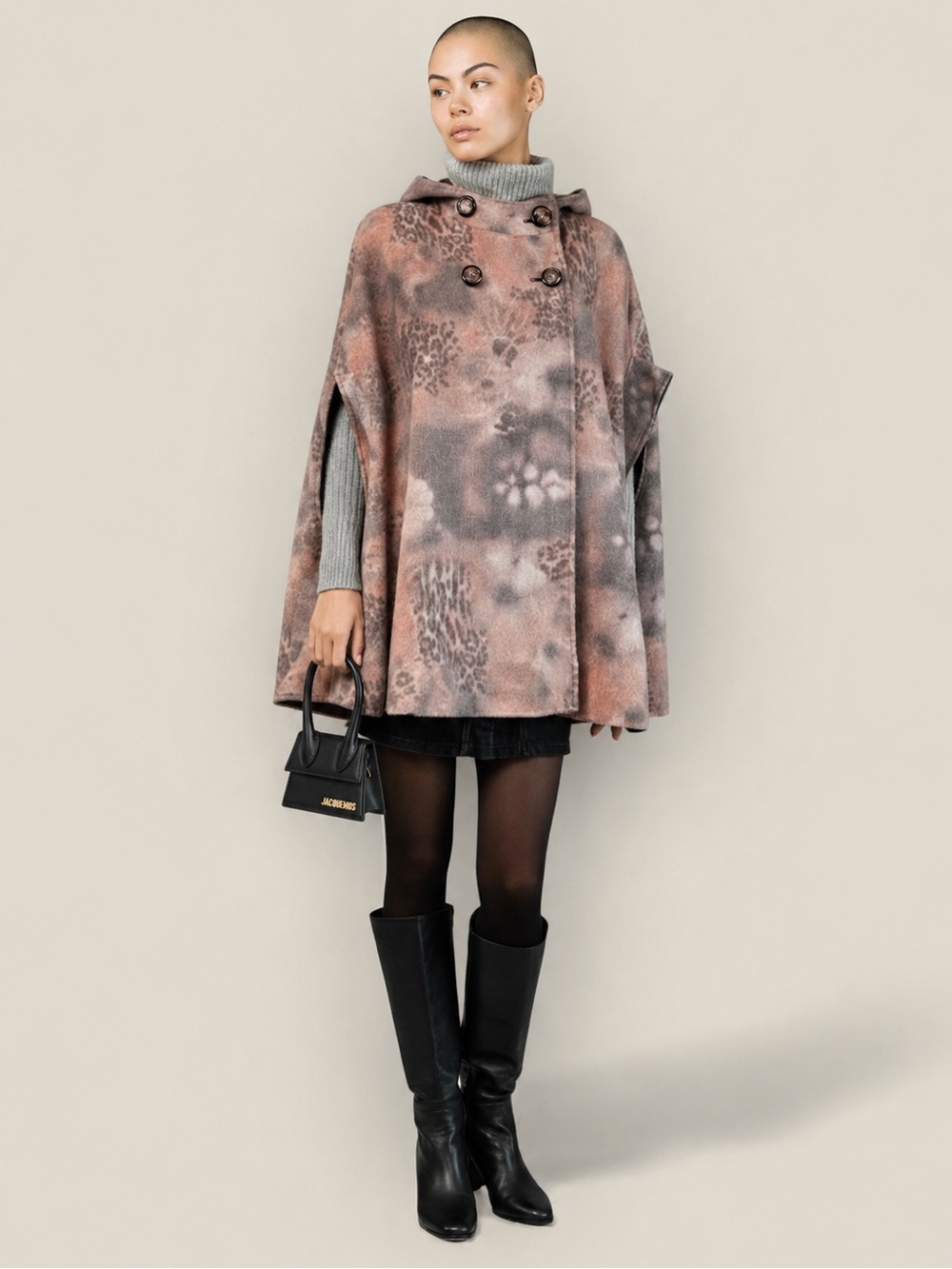 Vintage Felted Cashmere Cape Cloak Muted Abstract Leopard Hooded Swing Coat